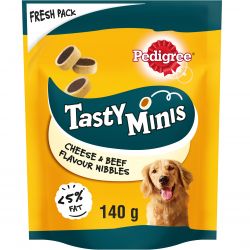 Pedigree Tasty Minis Dog Treats Cheesy Nibbles with Cheese and Beef 140g